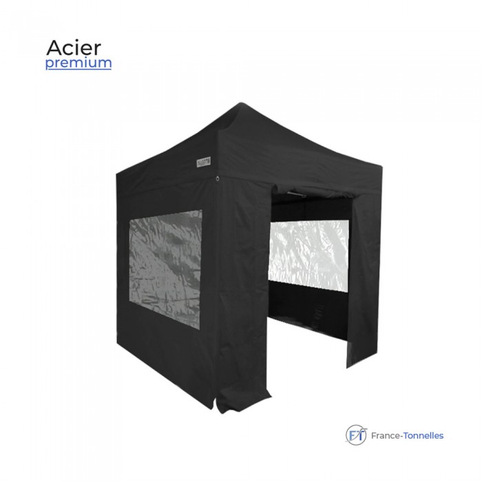 Tonnelle pliante 2x2 Premium noir avec fenêtres