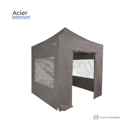 Tonnelle pliante 2x2 Premium grise avec fenêtres